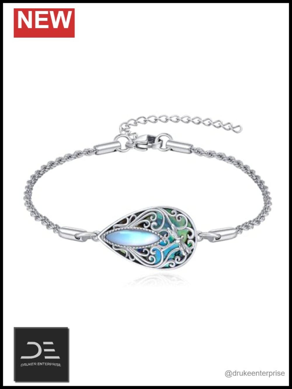 Dragonfly Filigree Bracelet 925 Sterling Silver Teardrop Abalone Shell Chain